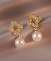 Pendientes colgantes cuadrados de perla y circonita de aleación de plata esterlina y oro de moda
